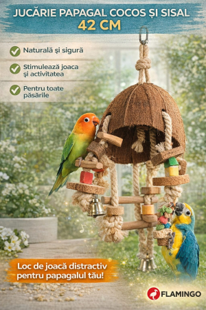 Jucarie papagal cocos si sisal 42 cm