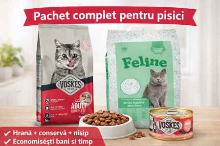Pachet complet pisici - pachet complet pisici voskes hrana 7 kg nisip aloe 10kg conserva