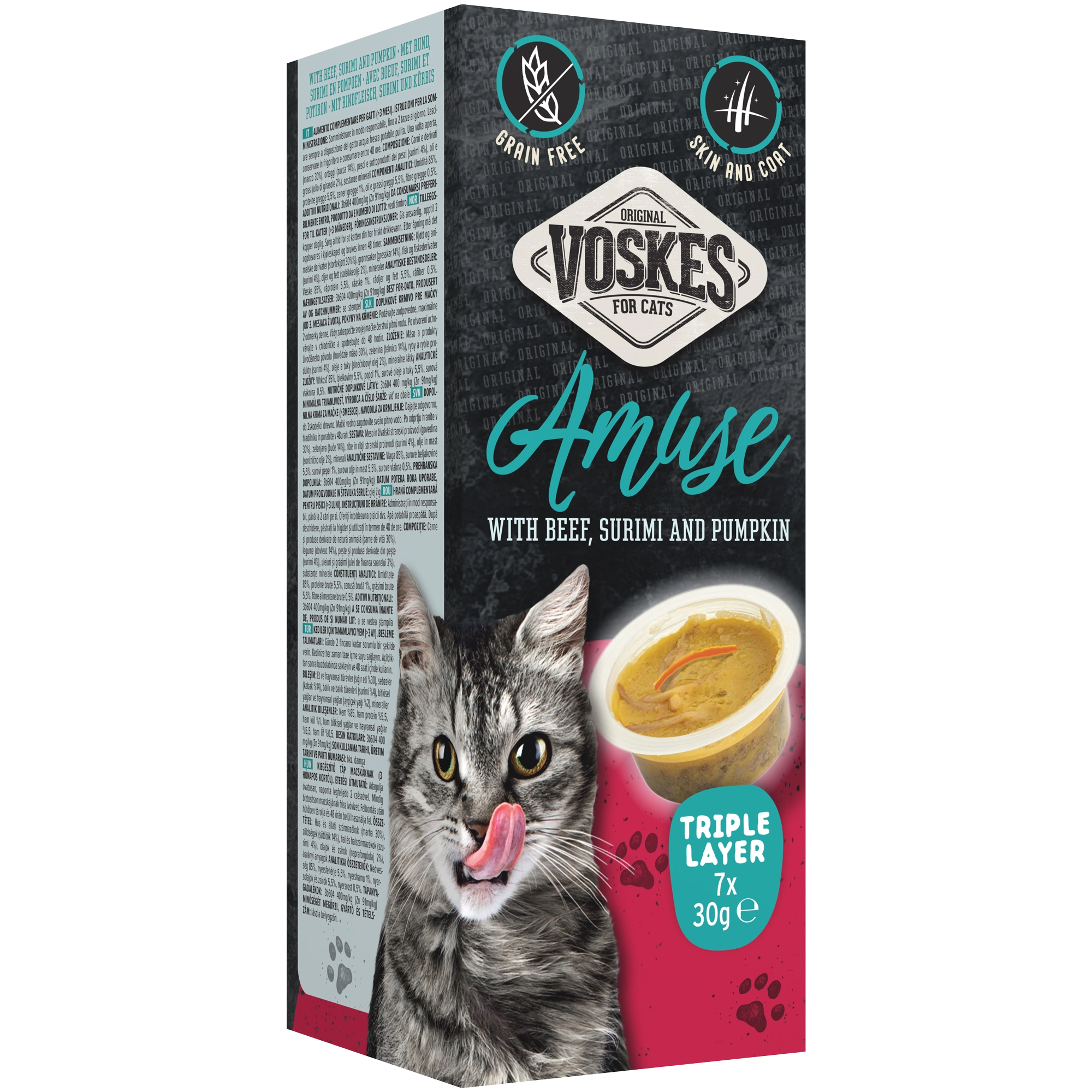 Pisici - Voskes Amuse Triple Layer cu vită, surimi și dovleac pentru pisici 30 g