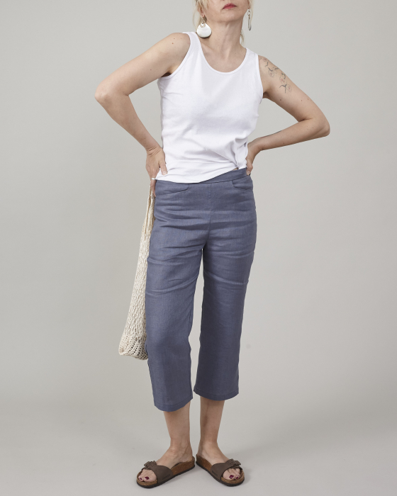 Pantaloni de damă capri, de vară, confecționați din in 100%, croi simplu pentru birou, [5]