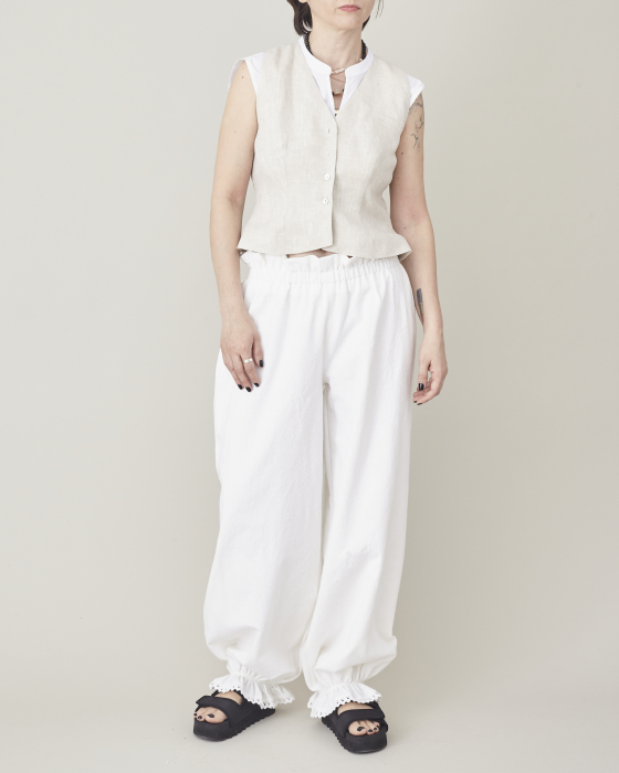 Pantaloni Damă Albi Tip Șalvari – Largi, Lejeri, Bumbac Natural, cu Dantelă și Volane [6]