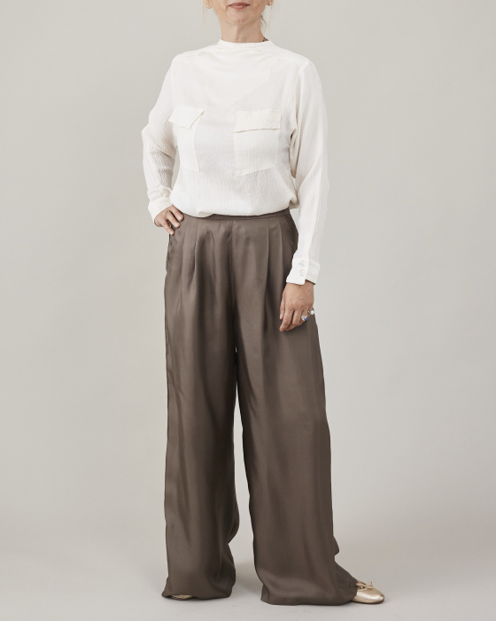 Pantaloni dama palazzo din twill de matase naturala [4]