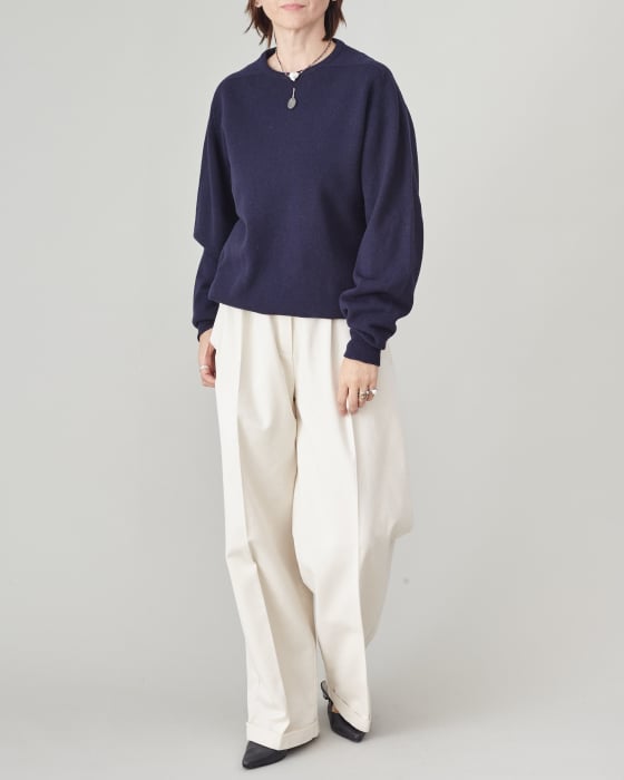 Pantaloni damă albi eleganți, largi, cu talie înaltă, pliuri [9]