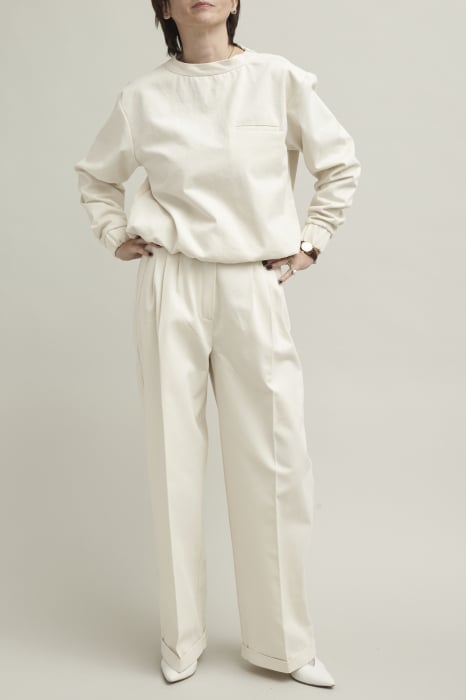 Pantaloni damă albi eleganți, largi, cu talie înaltă, pliuri [1]