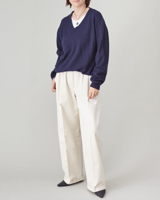 Pantaloni damă albi eleganți, largi, cu talie înaltă, pliuri [2]