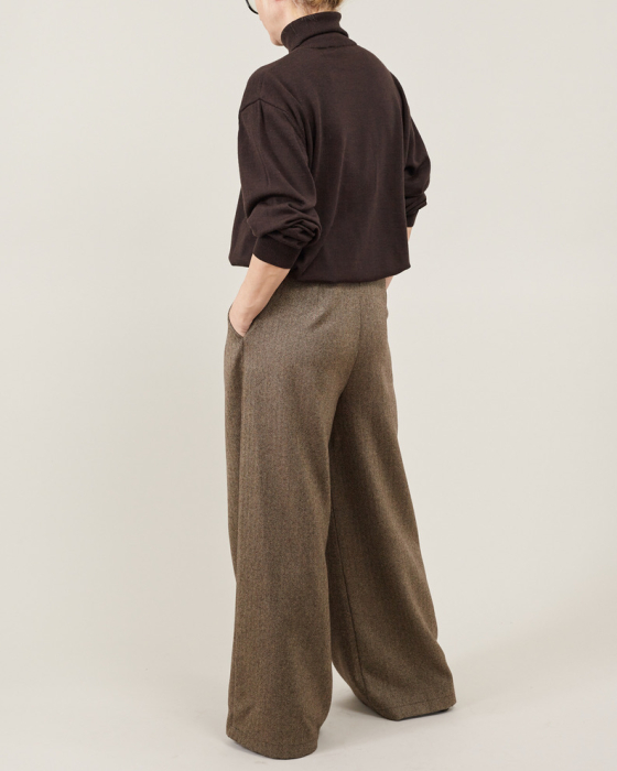 Pantaloni de damă largi din stofă de lână maro [5]