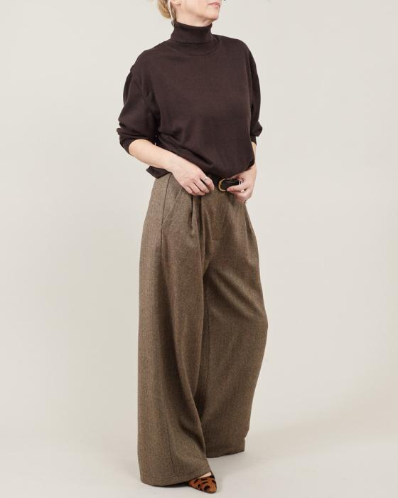 Pantaloni de damă largi din stofă de lână maro [8]