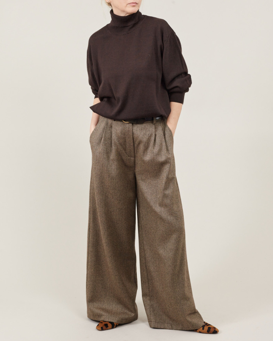 Pantaloni de damă largi din stofă de lână maro [6]