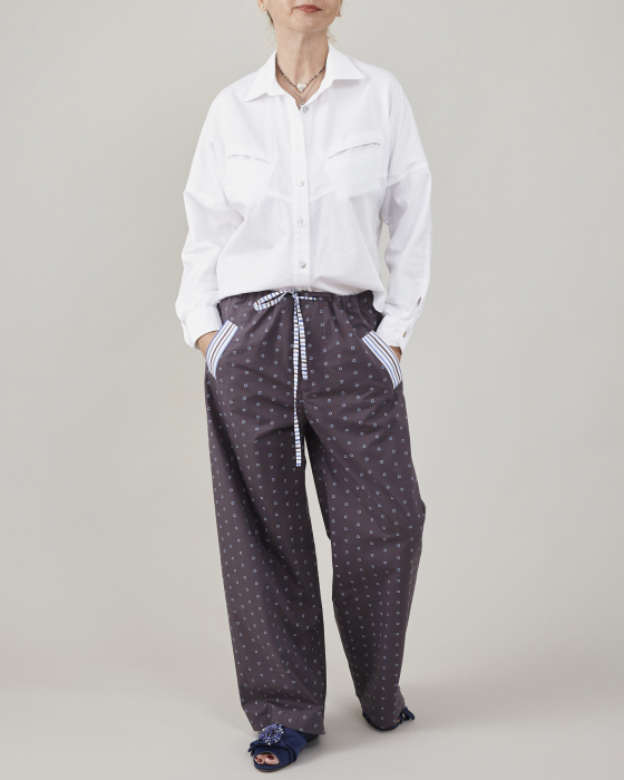 Pantaloni dama tip pajama, cu dungi si buline, din poplin de bumbac [1]