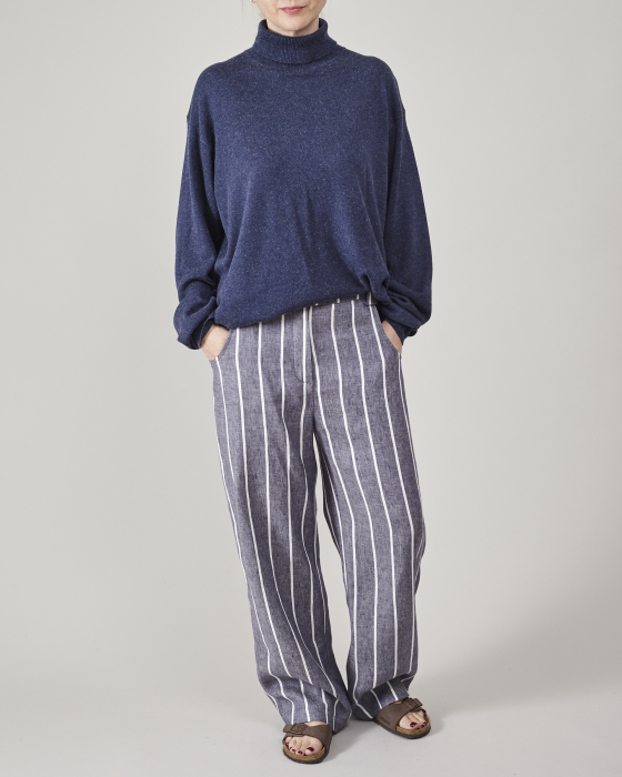 Pantaloni lejeri, din tesatura de in, cu dungi pentru femei [5]