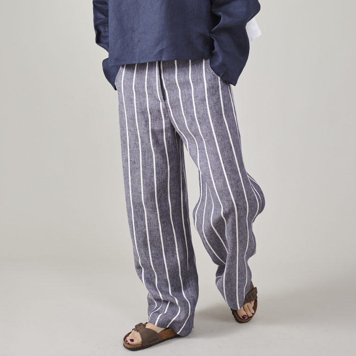 Pantaloni lejeri, din tesatura de in, cu dungi pentru femei [2]