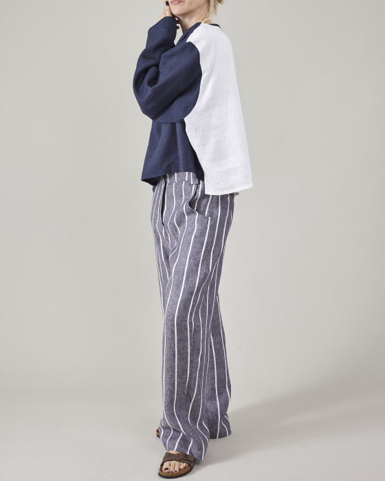 Pantaloni lejeri, din tesatura de in, cu dungi pentru femei [4]