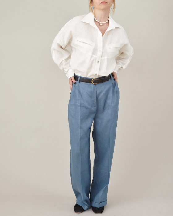 Pantaloni lungi de vară, largi, cu pliuri, din țesătură de in, eleganți pentru birou [4]