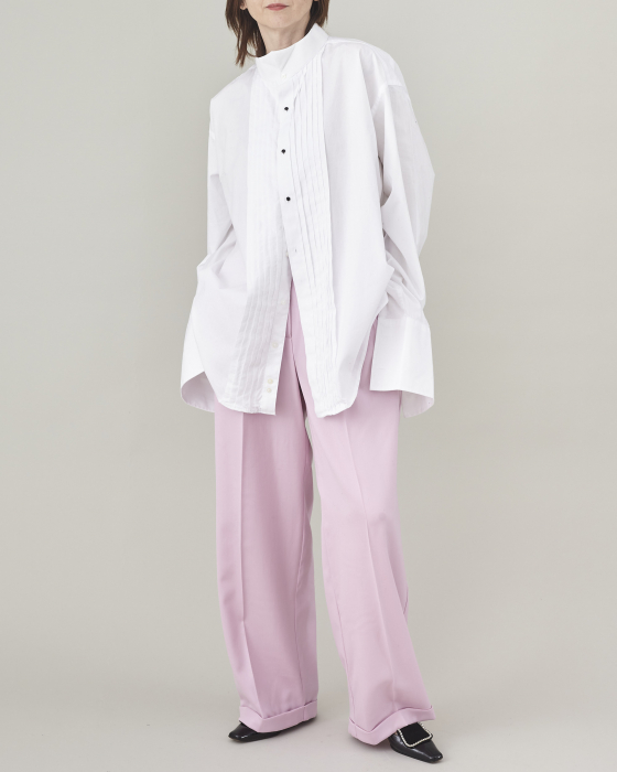 pantaloni dama din stofa de lana roz, la dunga, cu pliuri [2]