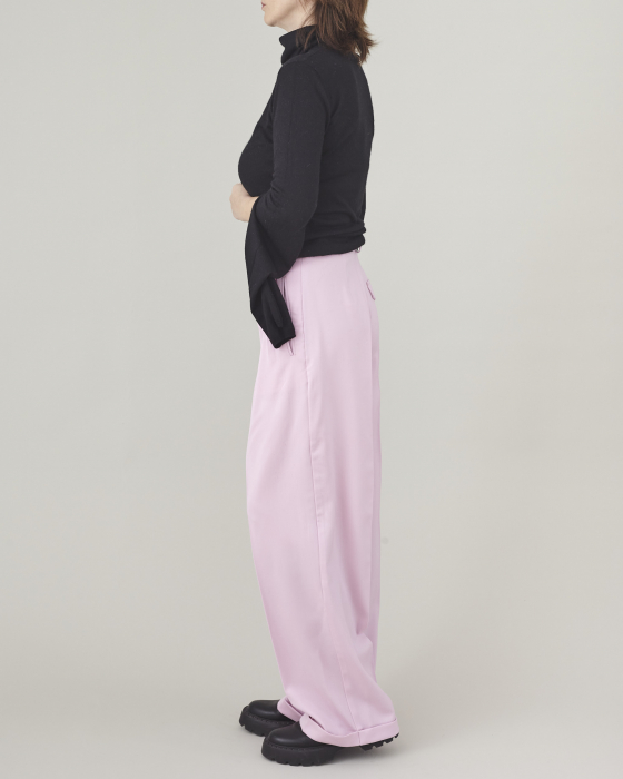 pantaloni dama din stofa de lana roz, la dunga, cu pliuri [3]