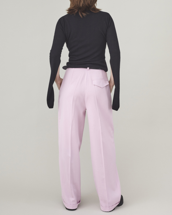 pantaloni dama din stofa de lana roz, la dunga, cu pliuri [5]