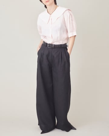 Pantaloni din In - Pantaloni casual de vara din in, largi, cu talie inalta si pliuri