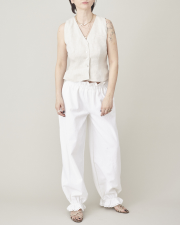 Toți pantalonii - Pantaloni Damă Albi Tip Șalvari – Largi, Lejeri, Bumbac Natural, cu Dantelă și Volane