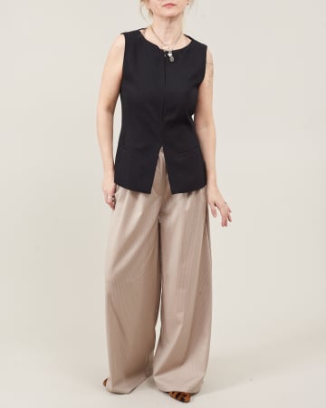 Toți pantalonii - Pantaloni de damă office largi din stofă subțire de lână bej cu dungi fine