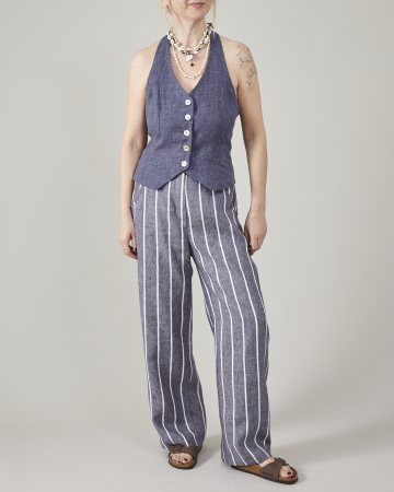 Pantaloni din In - Pantaloni lejeri, din tesatura de in, cu dungi pentru femei