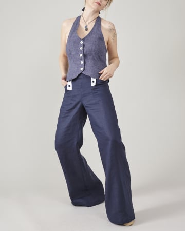 Pantaloni din In - Pantaloni din țesătură de in, model fit and flare, design Sailor