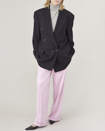 pantaloni dama din stofa de lana roz, la dunga, cu pliuri [6]