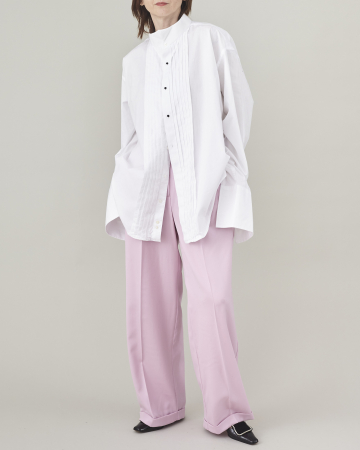 pantaloni dama din stofa de lana roz, la dunga, cu pliuri [1]