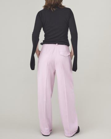 pantaloni dama din stofa de lana roz, la dunga, cu pliuri [4]