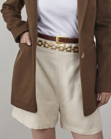 Pantaloni de damă scurți eleganti din mătase naturală, cu talie înaltă și pliuri [8]