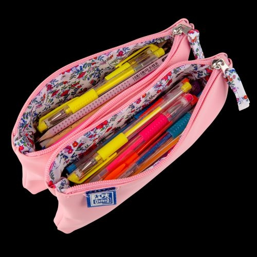 Penar Oxford 2 Zip Roz deschis, etui cu 2 fermoare, interior floral [5]