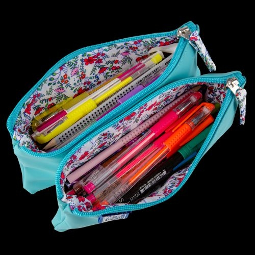 Penar Oxford 2 Zip Turcoaz, etui cu 2 fermoare, interior floral [4]