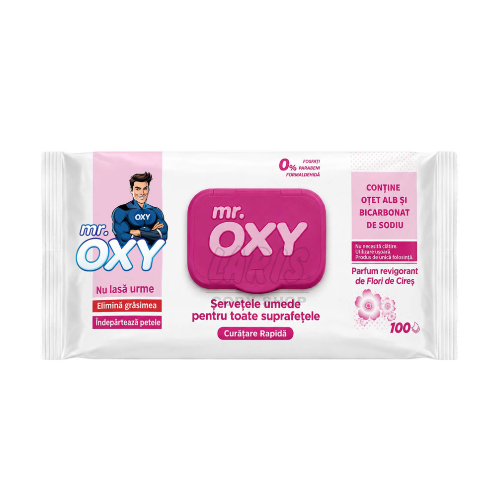 Servetele umede multisuprafete cu otet si bicarbonat, Mr. Oxy, 100 buc., Flori Cires [3]