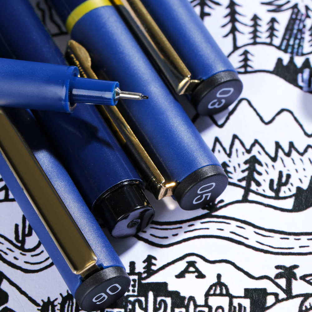 Set 7 Linere grafice Deli Finenolo, cerneala neagra, rezistente la apa, 0.05–0.6 mm [6]