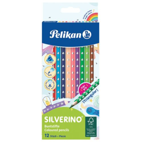 Rechizite - Creioane colorate Pelikan Silverino, 12 culori, triunghiulare