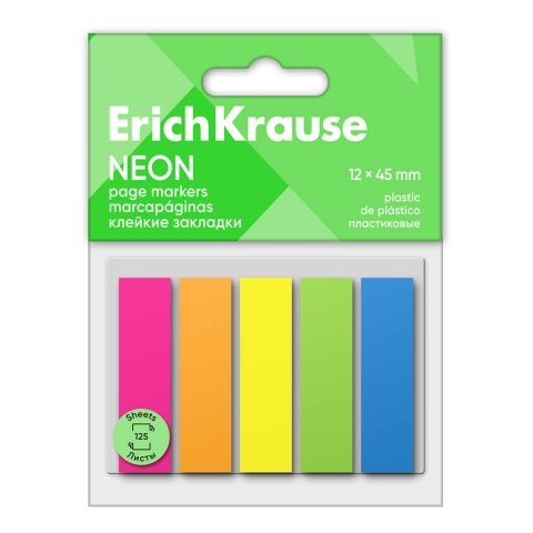 Indecsi - Index autoadeziv din plastic 12x45 mm, 5 culori neon, 125 file, ErichKrause