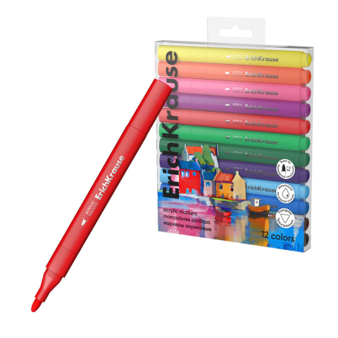 Markere acrilice - Markere acrilice cu varf rotund (1-3 mm), 12 culori, triunghiulare, ErichKrause Art Spirit