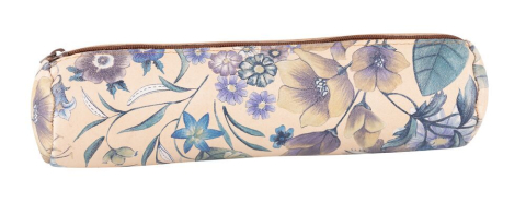 Penare - Penar tip etui rotund Oxford din piele naturala Floral bej/albastru