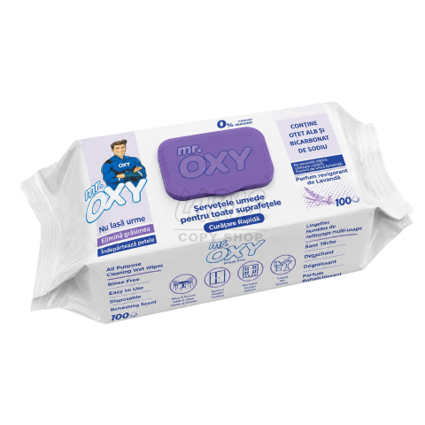 Servetele umede multisuprafete cu otet si bicarbonat, Mr. Oxy, 100 buc., Lavanda