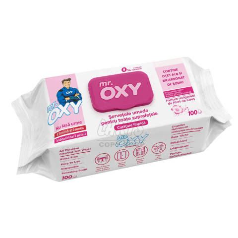 Servetele umede multisuprafete cu otet si bicarbonat, Mr. Oxy, 100 buc., Flori Cires