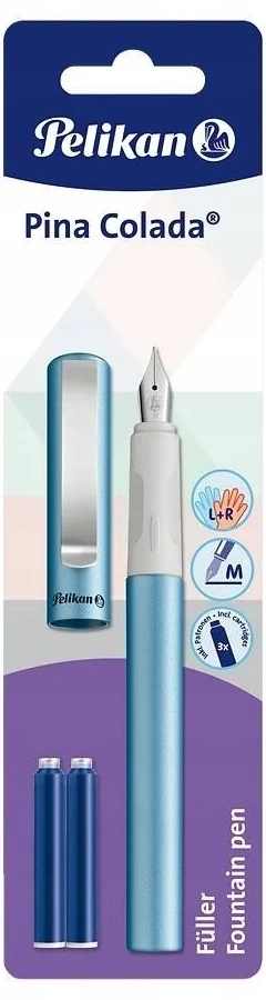 Stilou Pelikan Pina Colada albastru metalizat, penita M - 3 rezerve incluse