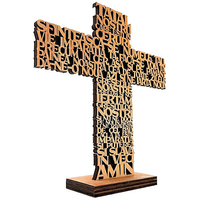cruce lemn tatal nostru cu stativ, text decupat elegant, decor crestin [5]