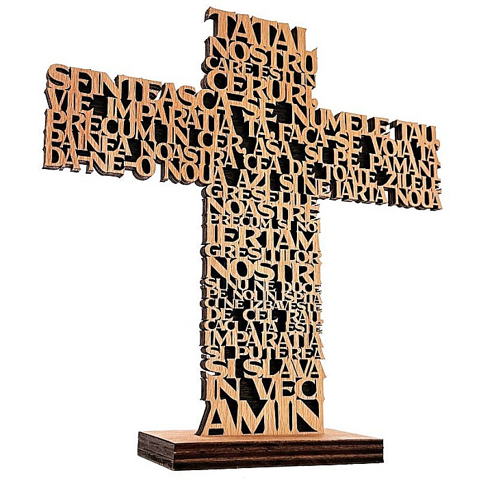 cruce lemn tatal nostru cu stativ, text decupat elegant, decor crestin [3]
