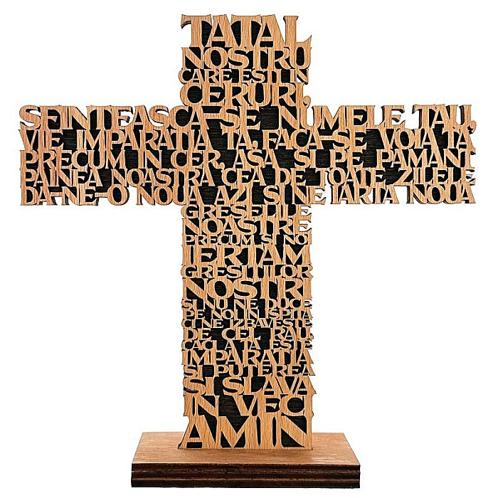 cruce lemn tatal nostru cu stativ, text decupat elegant, decor crestin [6]