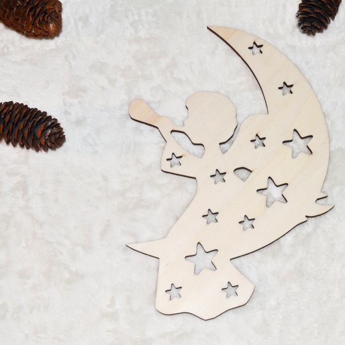 Ingeras lemn decupat pe luna cu stele, decor Crăciun DIY 20x20 cm [2]