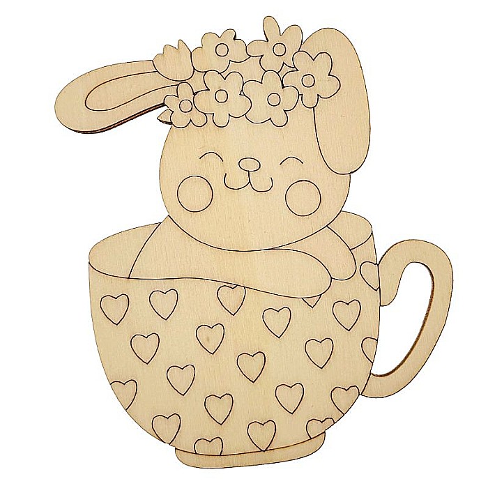Iepuras in ceasca de cafea, figurina din lemn pentru pictat, 12 cm [3]