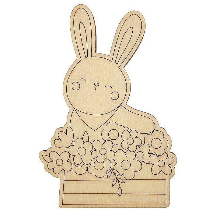 Iepuras in cosulet cu floricele, figurina din lemn pentru pictat, 12 cm [2]