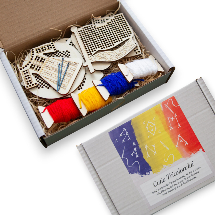 Cutia Tricolorului, kit cusut lemn tricolor cu 6 forme și ațe colorate [4]