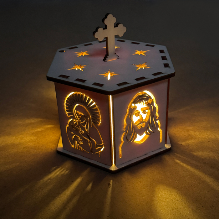 lampă religioasă din lemn, model hexagon cu cruce și stele – 14,5 cm [5]