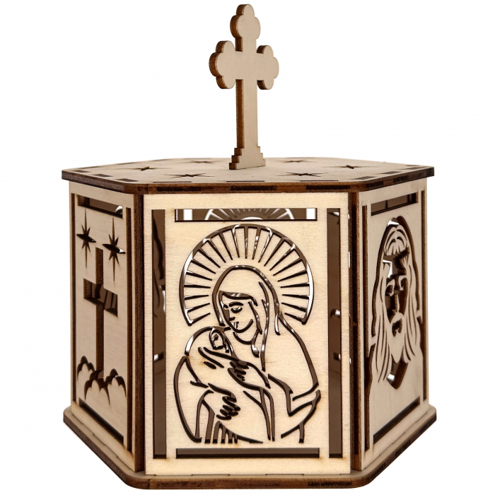 lampă religioasă din lemn, model hexagon cu cruce și stele – 18 cm [2]