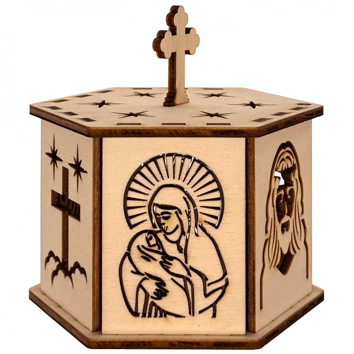 lampă religioasă din lemn, model hexagon cu cruce și stele – 14,5 cm [2]